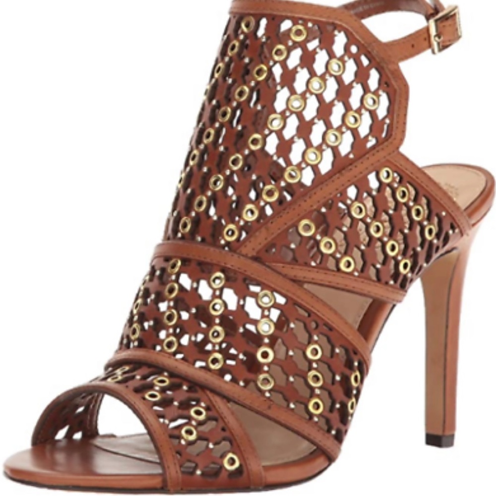 Vince Camuto Korthina Whiskey Gold Caged Ankle Shootie Herl Sandal size 7.5